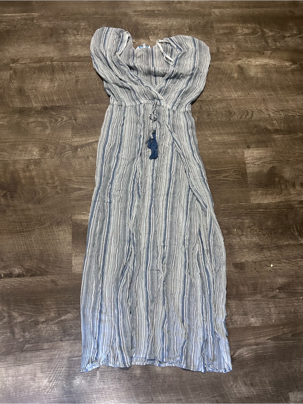 blue island Striped Maxi Dress in Blue and White with Tassel Waist
